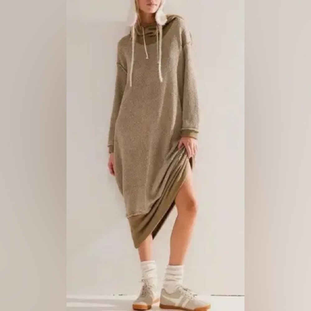 Free People Taupe Hooded Midi Dress with Side Slit